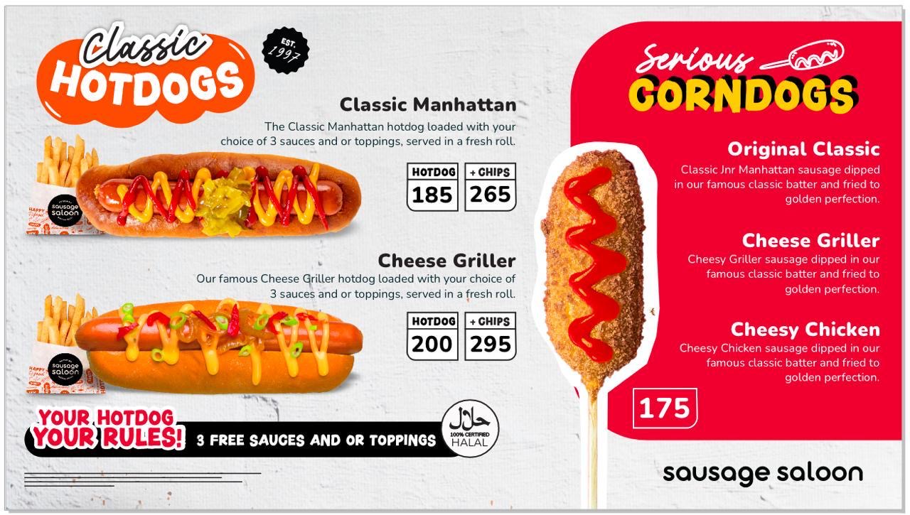 Sausage Saloon Speciality Hotdogs & Sides Menu